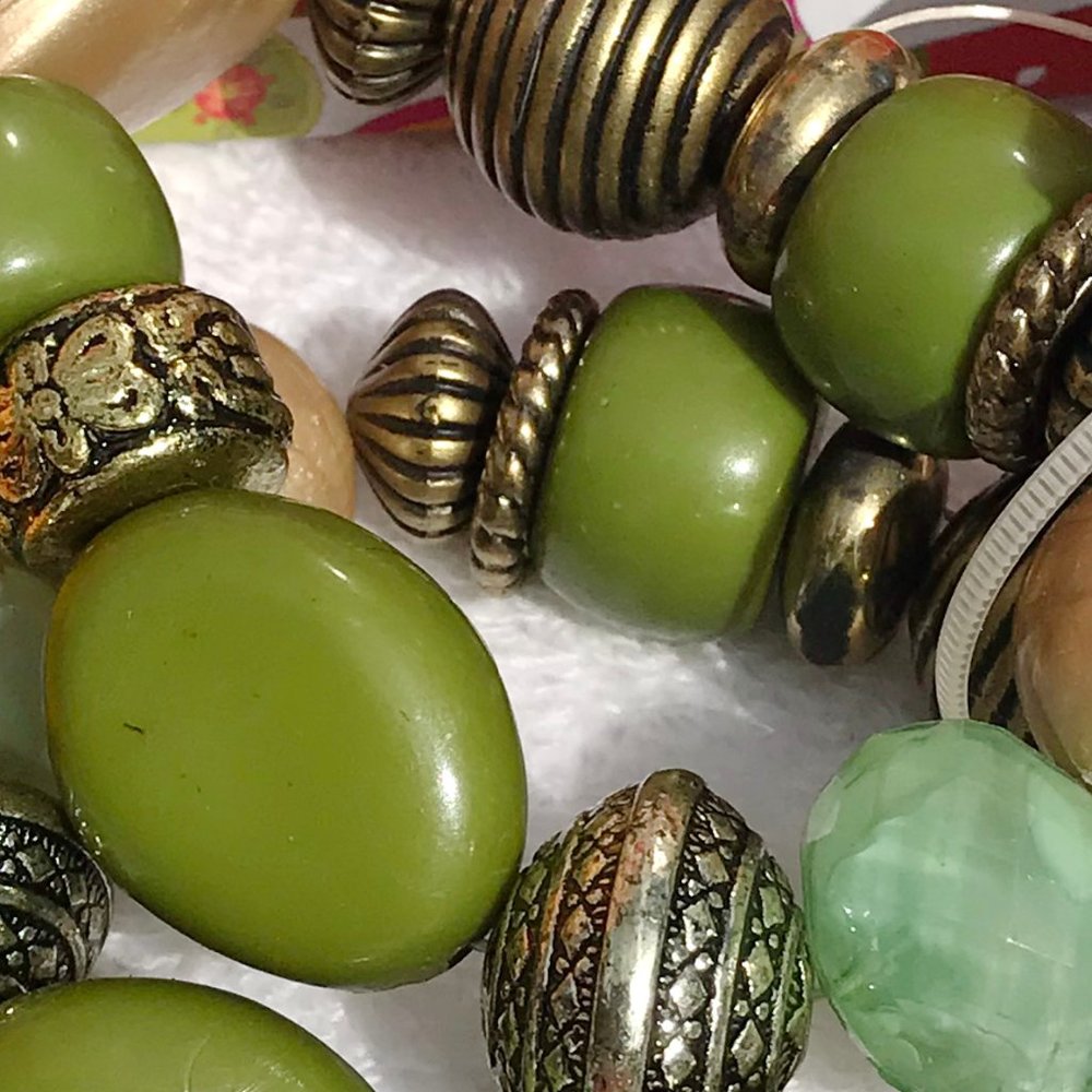 Mixed Boho Bead Stretch Bracelets Olive & Goldtone - Picture 3 of 6